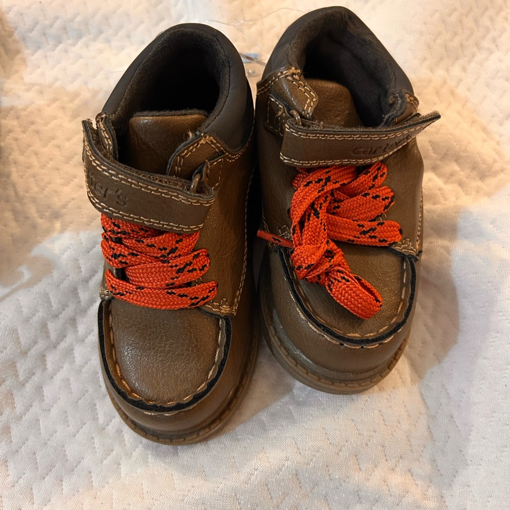 Kids Brown Leather Lace-Up Boots with Orange Laces